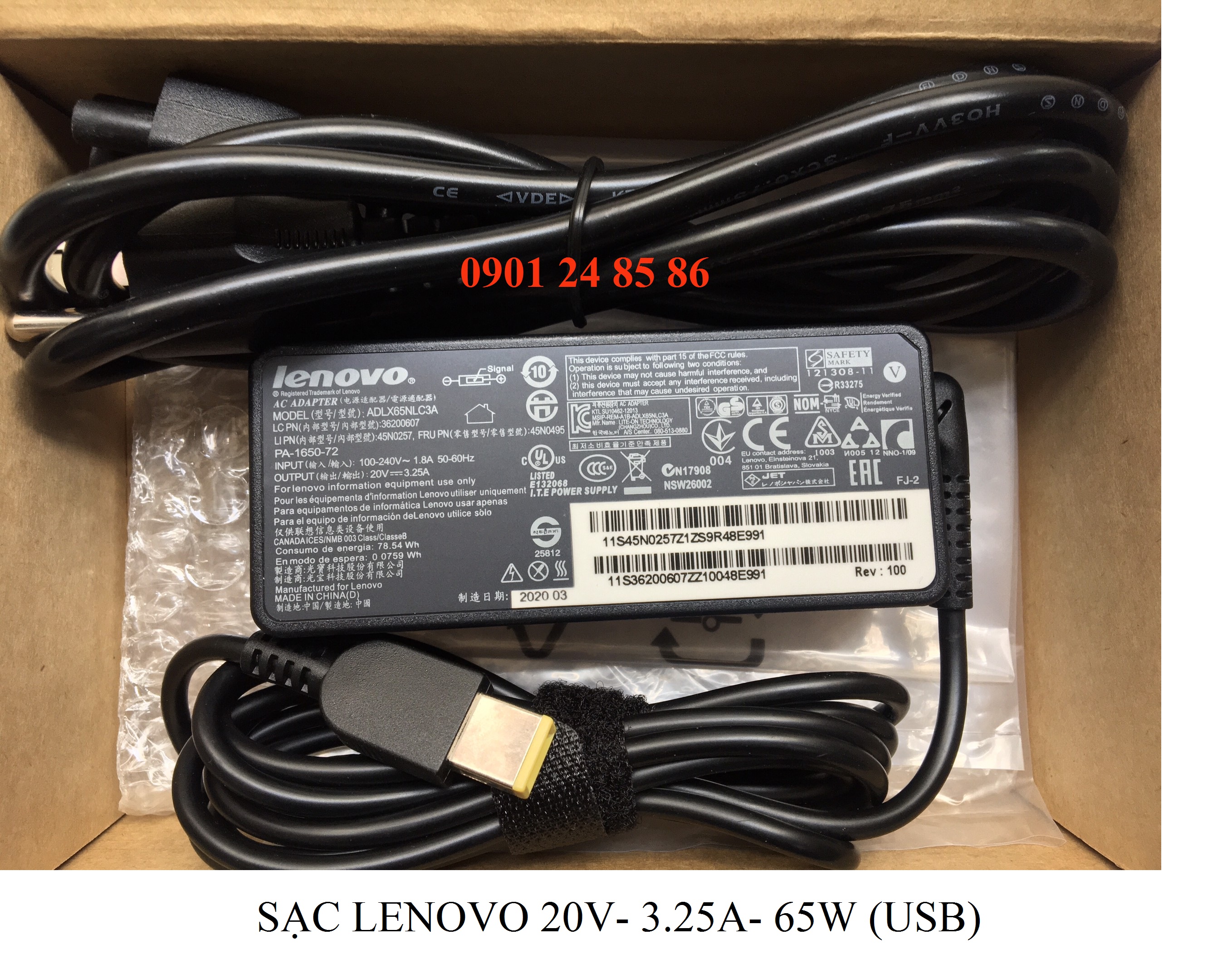 Sạc Laptop Lenovo, Sạc Lenovo, Adapter Laptop Lenovo Original, Lenovo 20V-3.25A-65W - Đầu USB